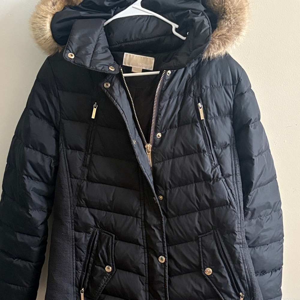 Women's Black Micheal Kors Puffer Jacket with Faux Fur Hood